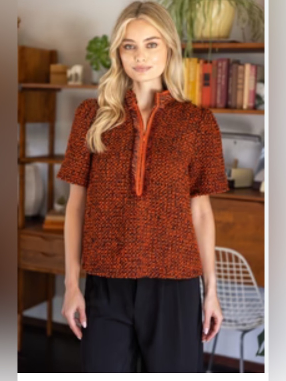 VOY Rust Orange Boucle Fringe Top Size M